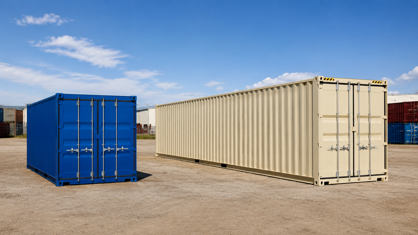 Realistic blue 20 foot container beside a light ivory 40 foot high cube container in a Saskatchewan yard