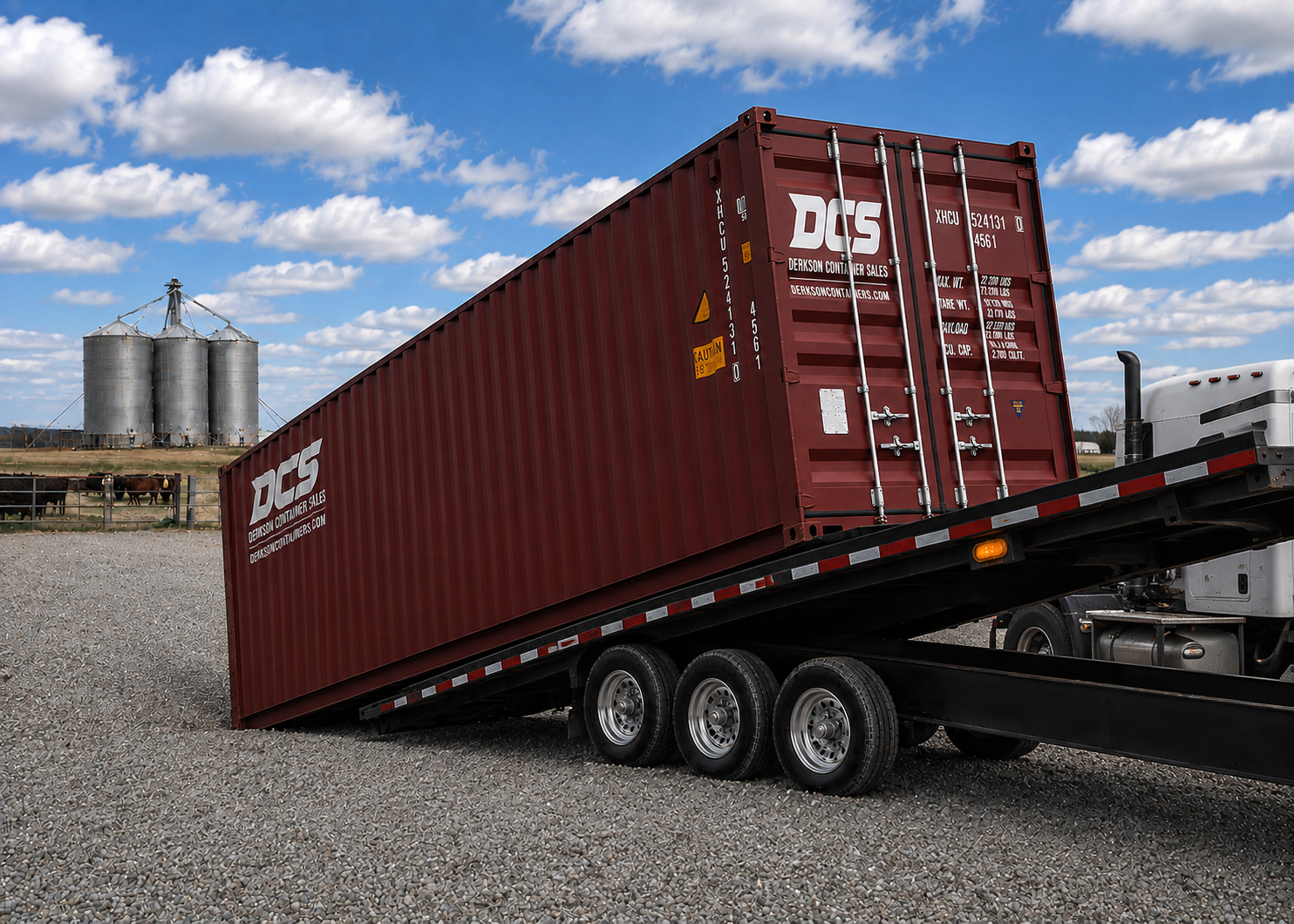 Derkson DCS container being unloaded by black tilt-deck trailer at a Saskatchewan farm