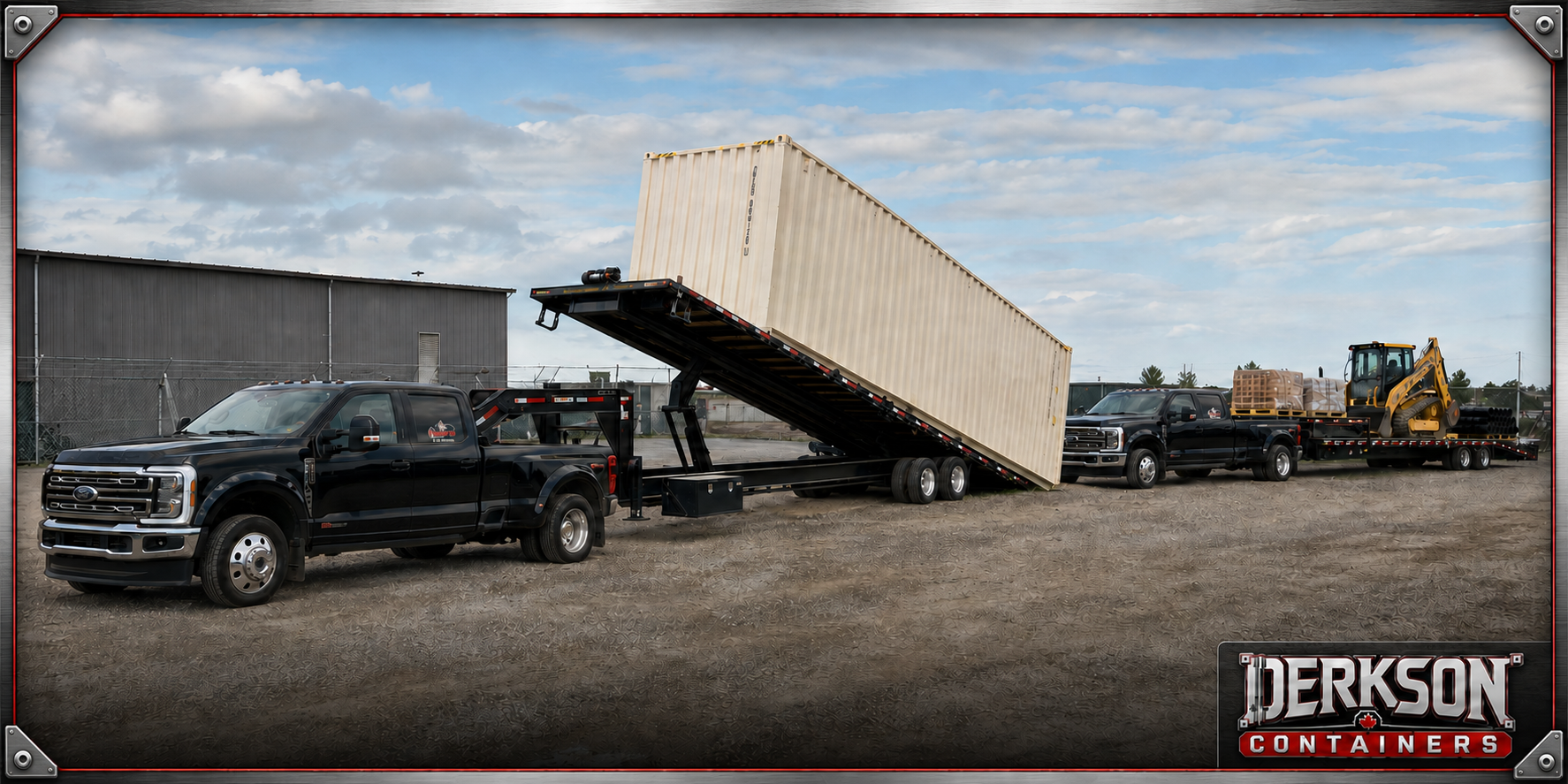 Derkson CDL hauling fleet with a specialized tilt container trailer and hotshot equipment trailer