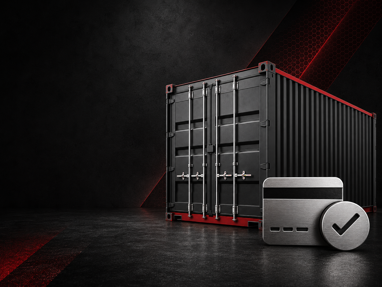 Dark shipping container with payment approval artwork