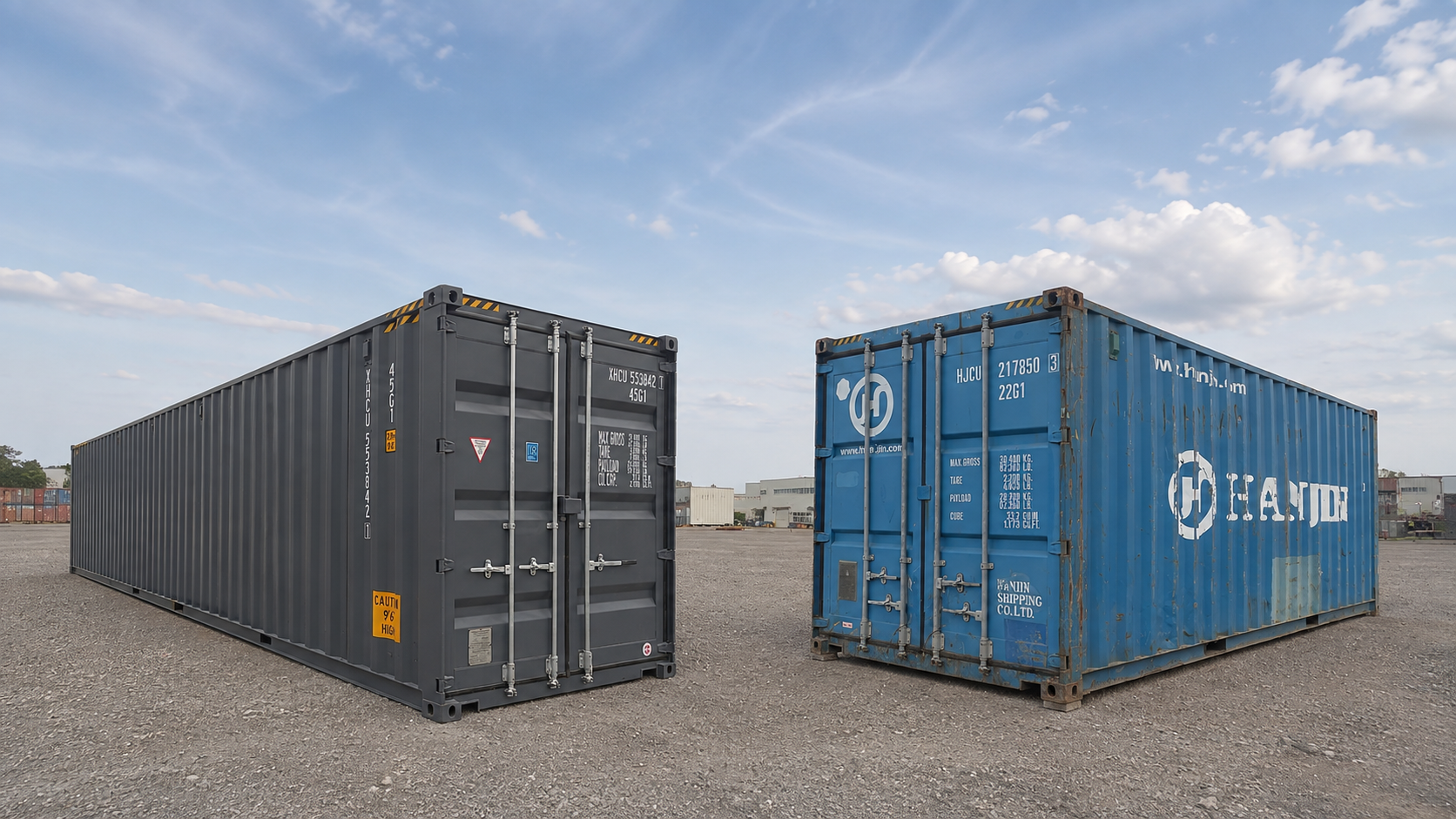 New charcoal high cube and used blue shipping containers compared side by side in a Saskatchewan container yard