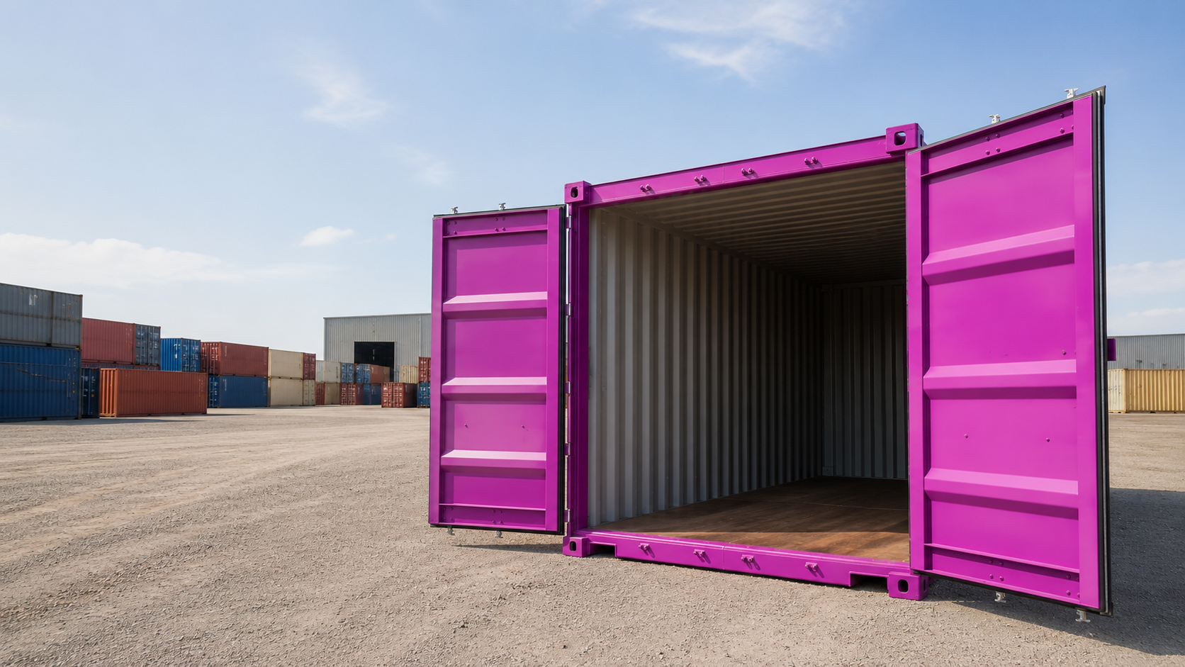 Vivid magenta shipping container with open doors in a Saskatchewan container yard